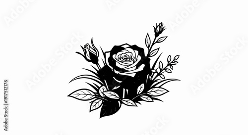 Black and white illustration of a rose with buds and leaves