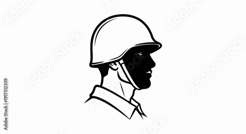 Black and white illustration of a soldier in profile wearing a helmet