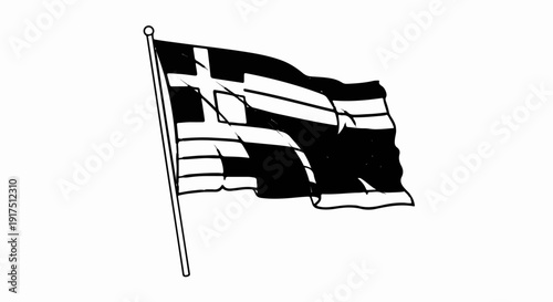 Black and white sketch of a national flag waving on a pole