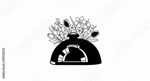Black dome oven with arched opening, adorned with floral arrangement on top