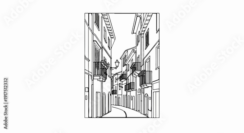 Black and white sketch of a narrow European street with buildings