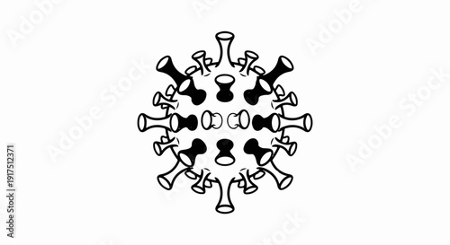 Black and white illustration of a spherical pathogen with crown-like spikes