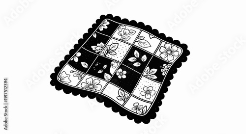 Black and white illustration of a square patchwork fabric with floral and dotted patterns