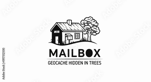 Black and white logo of a house and tree, with text below