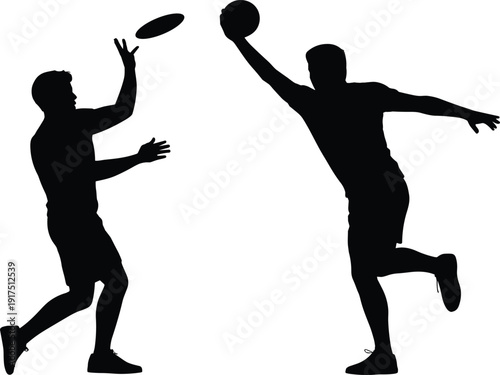 Silhouette of two men playing basketball with ball in action pose, sporty competition concept, outdoor training game scene, athletic teamwork and exercise activity.
