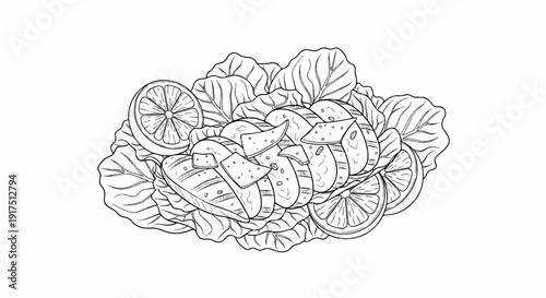 Black and white sketch of grilled fish with lemon slices on lettuce