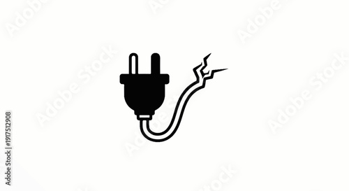 Black electrical plug with cracked cord on white background