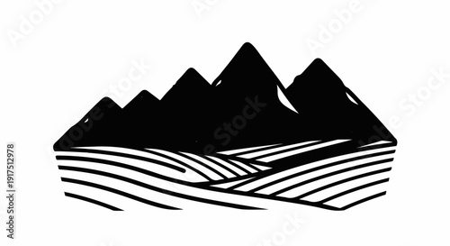 Black and white graphic art of stylized mountains above rolling striped fields