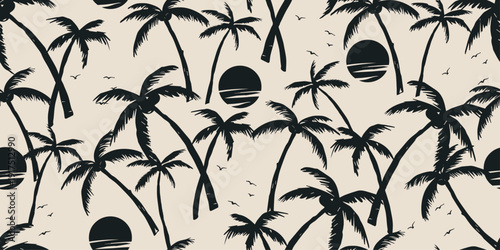 Hand-drawn coconut tree pattern, seamless floral design, suitable for fabrics, textiles, clothing, posters, covers, banners, and backgrounds. Vector graphics.