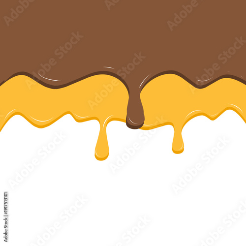 Illustration of melted chocolate mix. Flat design of melted chocolate. Wavy chocolate mix. Chocolate with matcha. Chocolate with strawberry. Chocolate with vanilla. Chocolate with Orange. Melted syrup