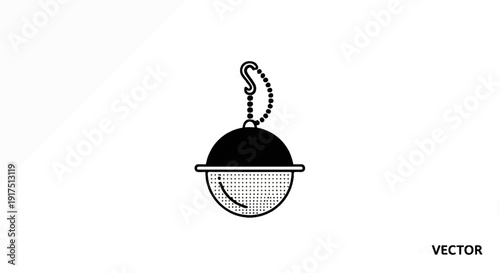Black and white illustration of a tea infuser with a chain
