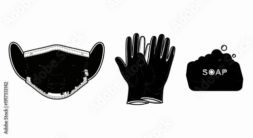 Black face mask, gloves, and bar of soap with bubbles