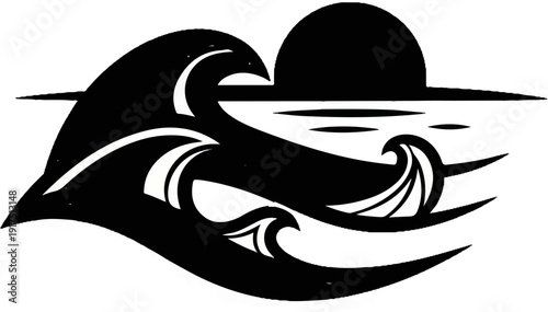 Black and white stylized depiction of ocean waves with a setting sun