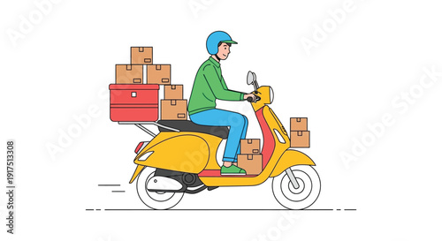 A delivery driver on a yellow scooter carrying packages depicted in a flat illustration on transparent background silhouette high quality professional