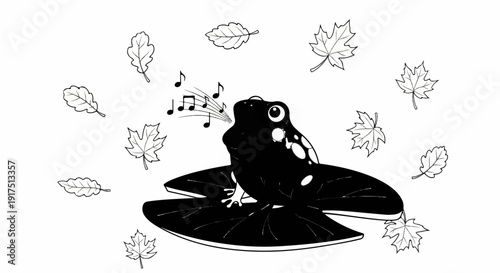 Black frog sings on a lily pad with falling leaves