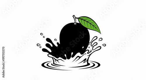 Black fruit with a leaf splashes into clear water with ripples