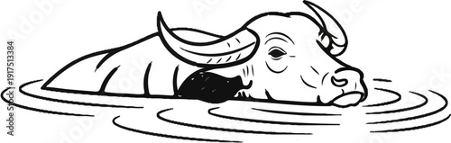 Black and white illustration of a water buffalo's head emerging from ripples