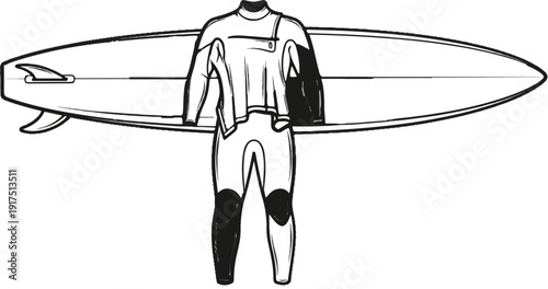 Black and white illustration of a wetsuit and surfboard