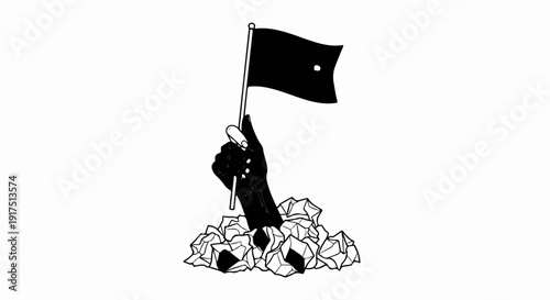 Black gloved hand emerges from rubble, raising a flag