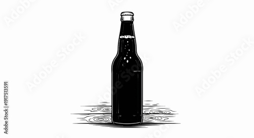 Black bottle with textured cap and bubbling liquid on wood