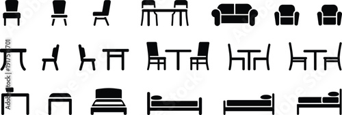 Flat vector furniture icon set with black silhouettes of chairs, dining tables, sofas, and beds for interior design, real estate, and floor plans.