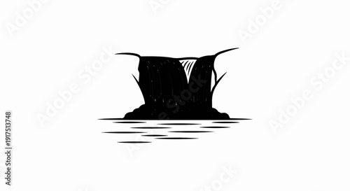 Black silhouette of a waterfall cascading into a pool with stylized ripples