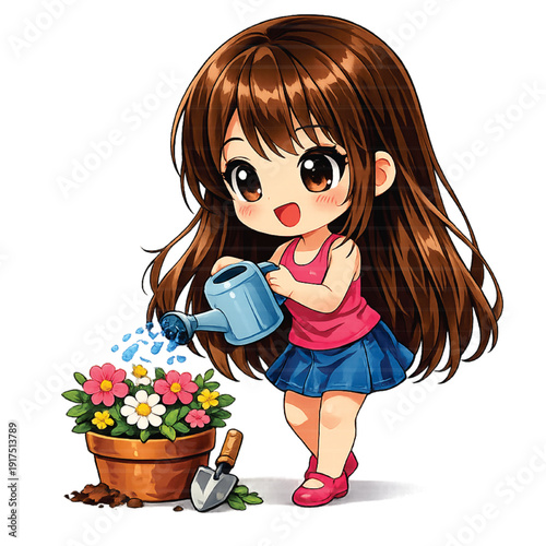 Young Woman Watering Garden Flowers