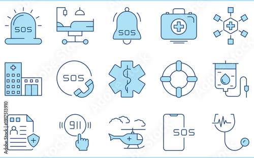 A set of flat icons related to Emergency. SOS, rescue, helicopter, medical, first aid, hospital, blood donation, and so on.