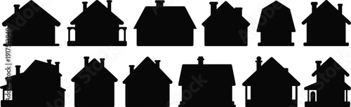 Flat vector house silhouette collection featuring diverse residential home designs, suburban cottages, and bungalow icons for real estate, neighborhood mapping, and architecture.