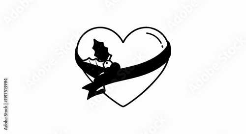Black heart shape with a festive ribbon and holly sprig
