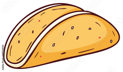 Hand drawn cartoon taco with simple design and bright yellow tortilla