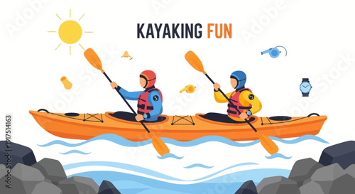 Two people in a tandem orange kayak paddling past rocks under a bright sun