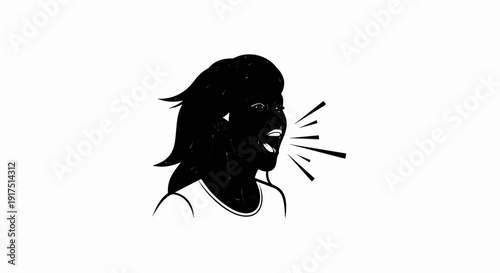 Black silhouette of a woman shouting with lines radiating from her mouth