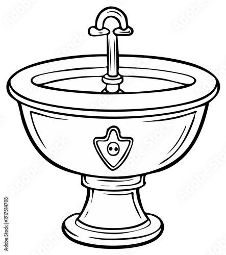Illustrated image of an antique baptismal font with decorative elements.