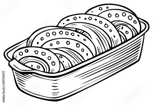 Ink drawing of a baked sweet bread loaf in a baking pan, food illustration