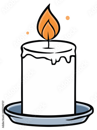 Cartoon Candle Burning, Flame, Wax on a Silver Plate