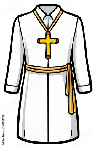 White Clerical Robe with Yellow Cross Necklace and Sash
