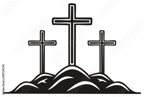 Three Stylized Christian Crosses on a Hilltop Illustration