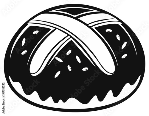 Artistic illustration of a bread roll with a cross-shaped design and poppy seeds, black and white.