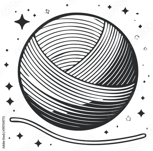 Hand drawn yarn ball with winding thread. Craft project, black and white illustration isolated on light backdrop. Knitting and needlework.
