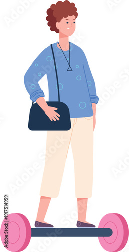 Woman ride hoverboard. Working person color character