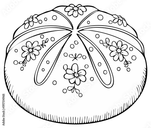 Hand-drawn illustration of a round pastry or bun decorated with floral patterns and dots