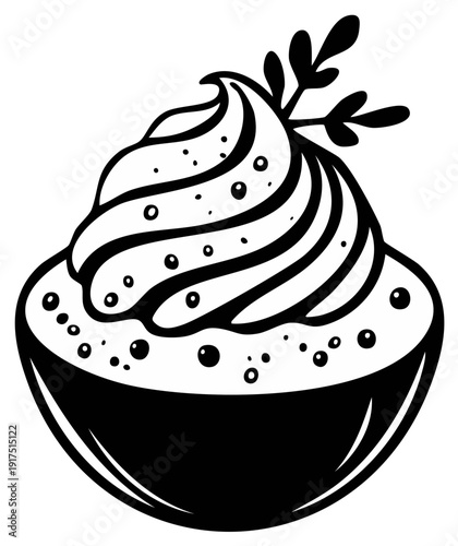 Stylized dessert in a bowl with whipped cream swirl and garnish