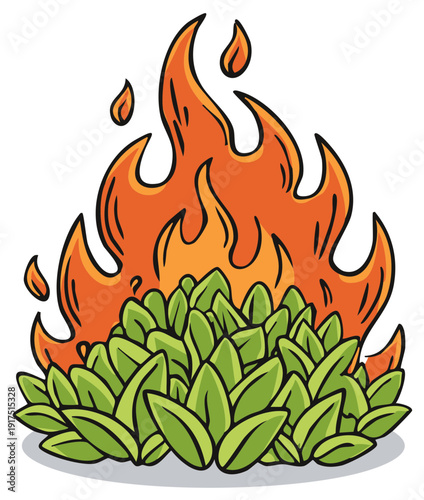 Cartoon Bush On Fire With Flickering Orange Flames And Green Leaves