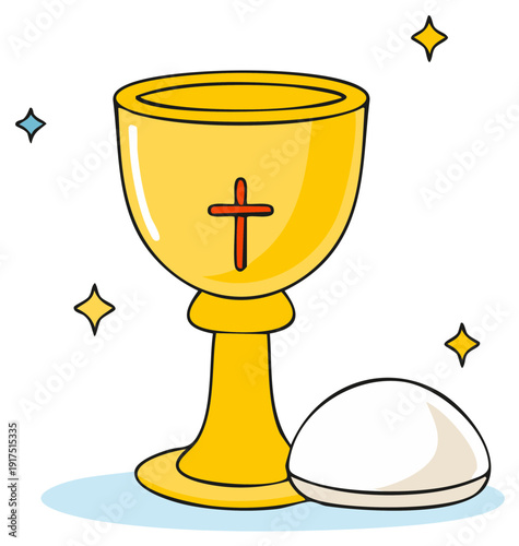 Golden Chalice with Cross and Communion Wafer Surrounded by Sparkles