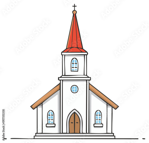 Cartoon church illustration with red steeple and brown roof details