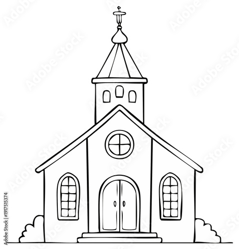 Simple Outline Drawing of a Traditional Church Building with a Steeple and Cross