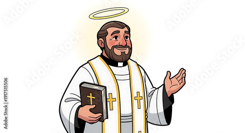 Illustration of a saintly figure holding a religious book with a halo above his head