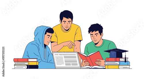 Three students collaborating on studies with a laptop and books a modern illustration on transparent background silhouette high quality professional detailed