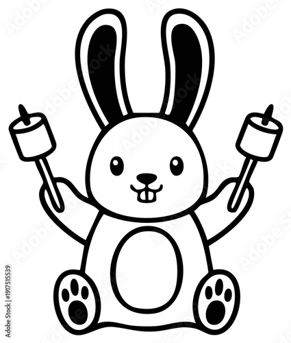 Cartoon bunny holding marshmallows in black and white